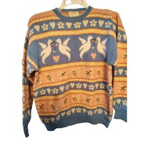 Vtg. Susan Bristol Large Peace Dove Hearts Sweater Wool Angora Hand Embroidered